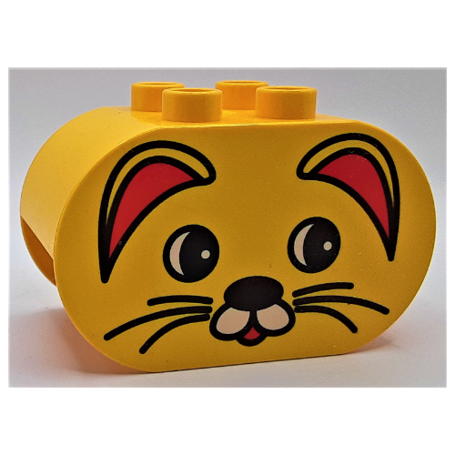 Duplo Brick 2 × 4 × 2 Rounded Ends with Cat Face with Red Ears Print Gelb