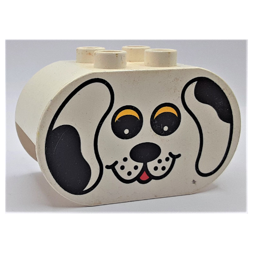 Duplo Brick 2 × 4 × 2 Rounded Ends with Dog Face with Yellow Eyes Print Weiß