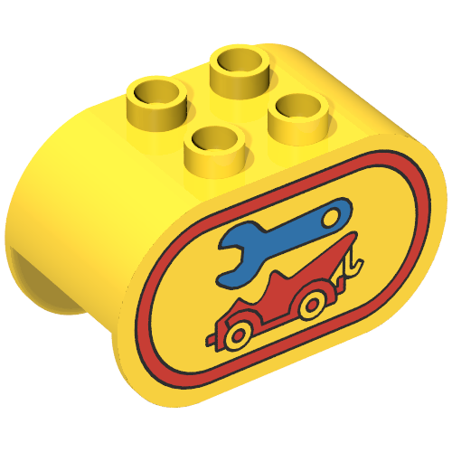 Duplo Brick 2 × 4 × 2 Rounded Ends with Spanner and Tow Truck Print Gelb