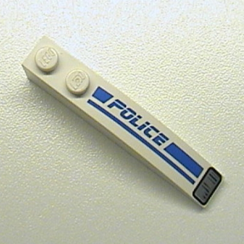 Brick Curved 6 × 1 with 'POLICE', Blue Line and Headlight Print Right White