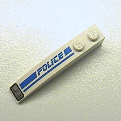 Brick Curved 6 × 1 with 'POLICE', Blue Line and Headlight Print Left Weiß