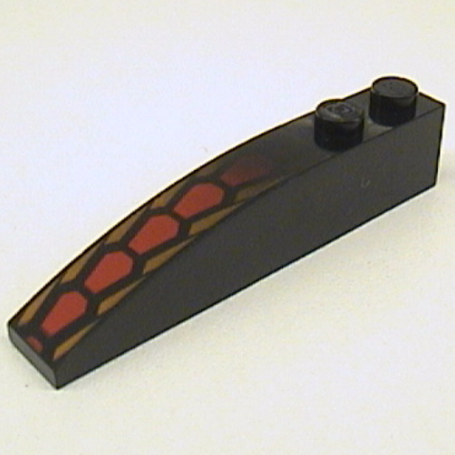 Brick Curved 6 × 1 with Repeating Red and Orange Scales Print Schwarz