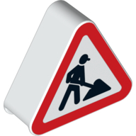 Duplo Brick 1 × 3 × 2 Triangle Road Sign with Construction Worker Print Weiß