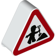 Duplo Stein 1 × 3 × 2 Dreieck Verkehrsschild mit Duplo Figur Bauarbeiter bedruckt Weiß