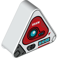 Duplo Brick 1 × 3 × 2 Triangle with Silver and Red Panels, Dark Azure Circle, White 'IVAN' Print White