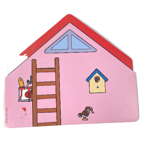 Backdrop, House, Pink Walls, Ladder with Paint Pot / Orange Walls, Shelf with Clock and Books, and Posters Print [No Color/Any Color]