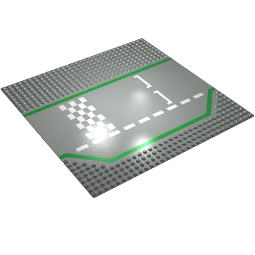 Grundplatte 32 × 32 breite Straße, 9 Noppen mit 3 Spuren Rennstrecke mit Zielflagge (bedruckt)