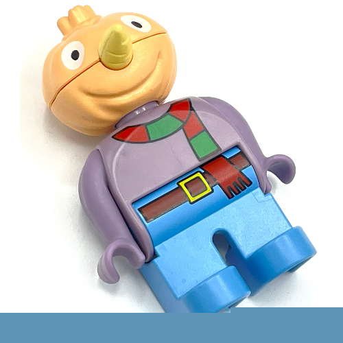 Duplo Figure, Early, Scarecrow Head, Medium Blue Legs, Red and Green Scarf Print (Spud from Bob the Builder) Sand Purple