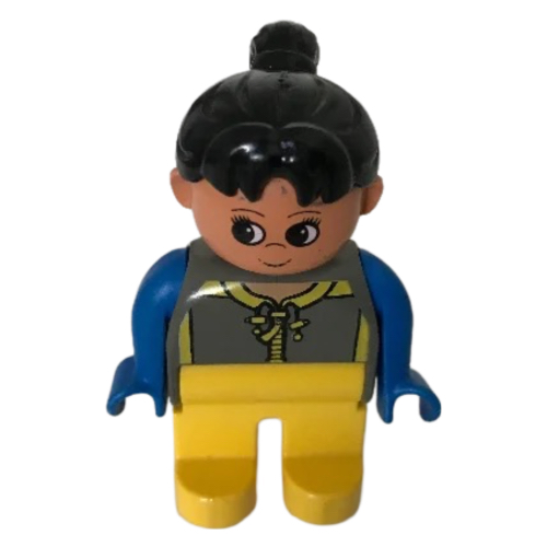 Duplo Figure, Early, Ponytail Black, Yellow Legs, Shirt Print Dark Gray