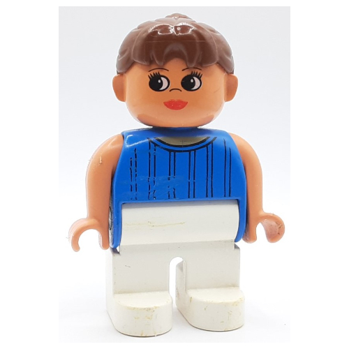 Duplo Figure, Early, Ponytail Brown, White Legs, Stripes Print Blue