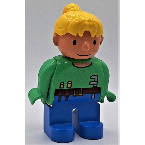 Duplo Figure, Early, Ponytail Yellow, Blue Legs, Toolbelt Print (Wendy) Hellgrün