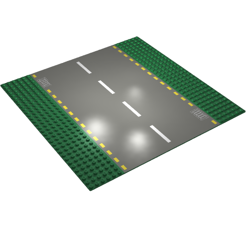 Baseplate 32 × 32 with 6-Stud Straight with Dark Gray Road, Yellow Dashed Lines and Storm Drains Print Grün