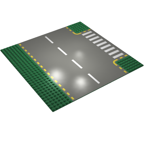 Baseplate 32 × 32 with 6-Stud T Intersection with Dark Gray Road, Yellow Dashed Lines, and Crosswalk Print Grün