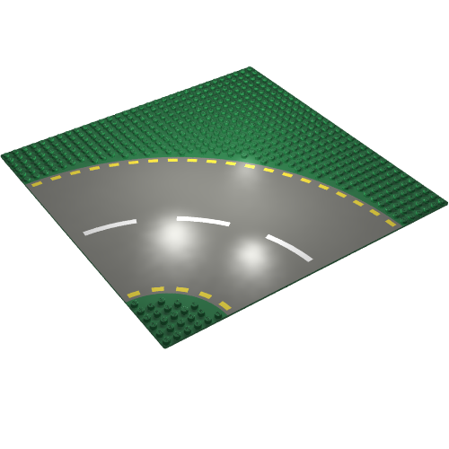 Baseplate 32 × 32 with 6-Stud Curve with Dark Gray Road with Yellow Dashed Lines Print Green