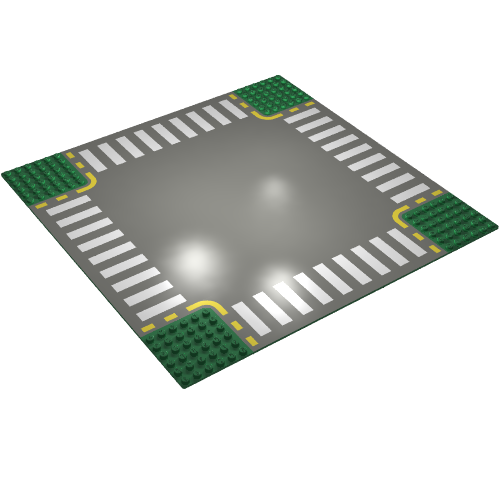 Baseplate 32 × 32 with 6-Stud Crossroads with Dark Gray Road, Yellow Dashed Lines and Crosswalks Print Green