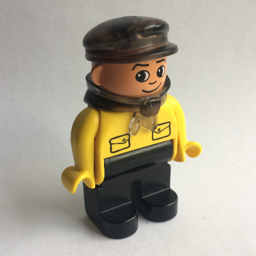 Duplo Figure, Early, with Flat Cap Trans-Brown, Black Legs, Bandana, Pockets Print (Intelli-Train Driver) Gelb