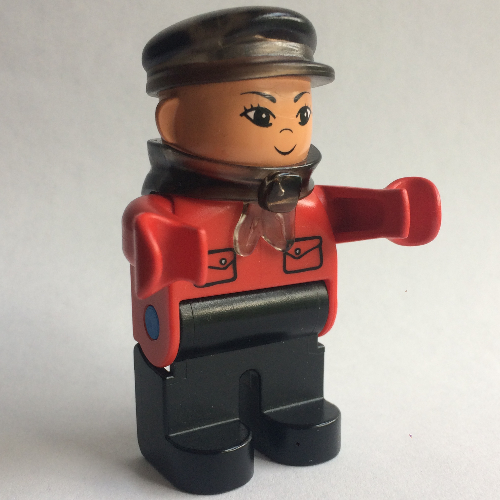 Duplo Figure, Early, with Flat Cap Trans-Brown, Black Legs, Bandana, Pockets Print (Intelli-Train Driver) Red