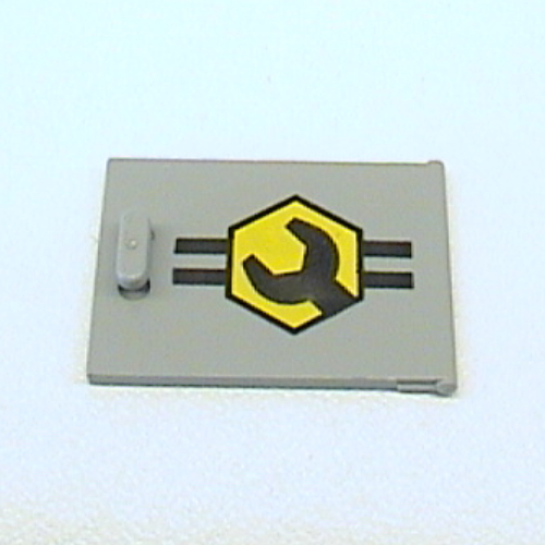 Cupboard 2 × 3 × 2 Door with Black and Yellow Lines, Octagon and Wrench Print Hellgrau