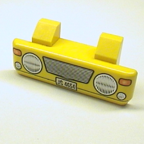 Grille 2 × 6 with 2 Technic Pins, 'JS 4654' and Headlights Print Gelb