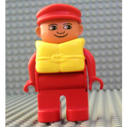 Duplo Figure, Early, with Flat Cap Red, Red Legs, Yellow Life Jacket Rot