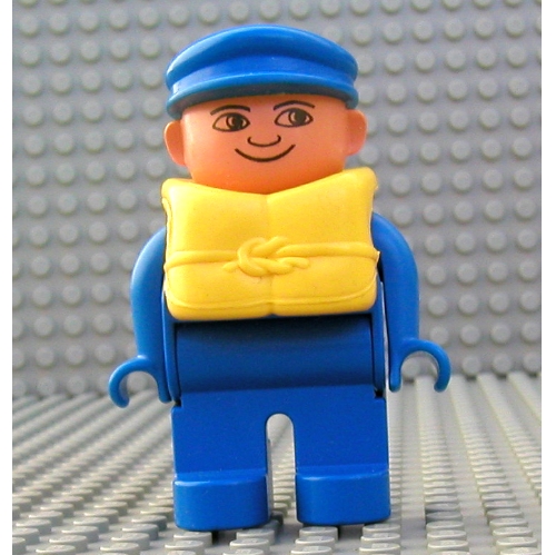 Duplo Figure, Early, with Flat Cap Blue, Blue Legs, Life Jacket Blue