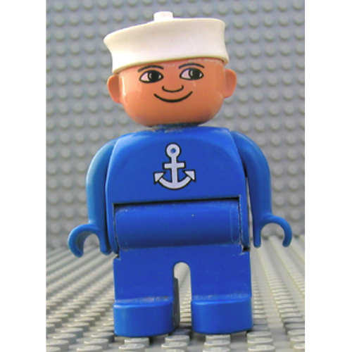 Duplo Figure, Early, Sailor Hat White, Blue Legs, Anchor Print Blue