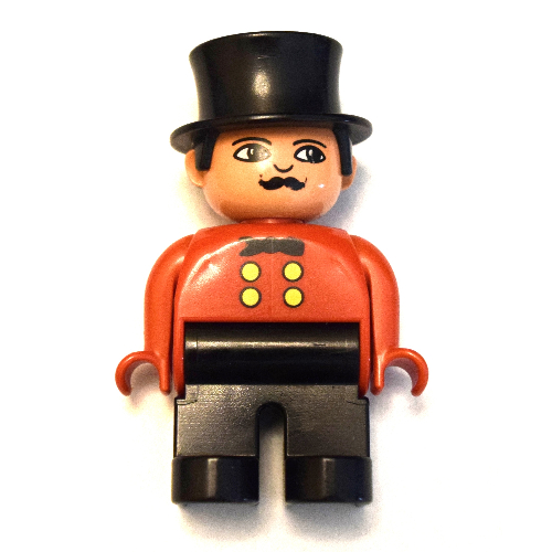 Duplo Figur, früh, schwarzer Zylinder, schwarze Beine, gelbe Knöpfe und schwarze Fliege (bedruckt) (Zirkusdirektor) in Rot