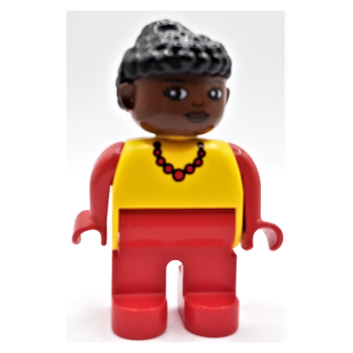 Duplo Figure, Early, Curly Hair with Bun Black, Red Legs, Red Necklace Print Yellow