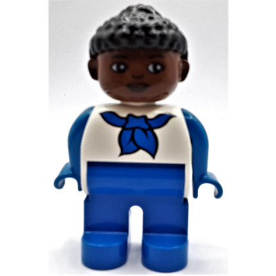 Duplo Figure, Early, Curly Hair with Bun Black, Blue Legs, Blue Arms and Neckerchief Print White