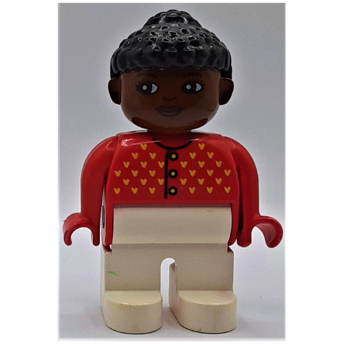 Duplo Figure, Early, Curly Hair with Bun Black, White Legs, Cardigan with Yellow V Stitching and Buttons Print Red