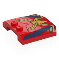Brick Wedged, Curved Triple 4 × 4 × 2/3 with 2 Studs with Gold Spider, Webbing, Dark Blue Shapes print Red