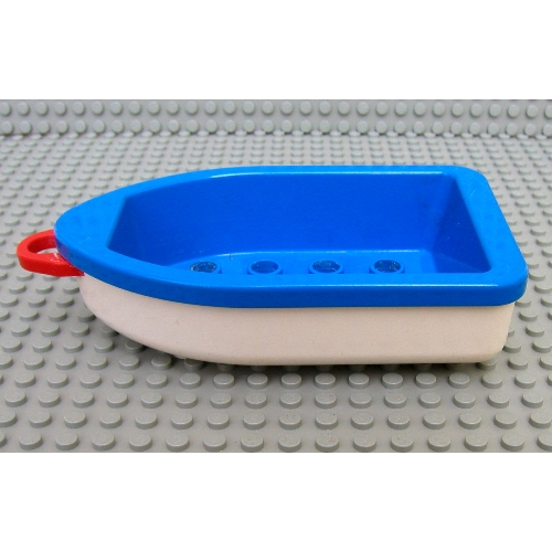 Duplo Boat with Red Tow Loop, White Bottom and 2 × 4 Studs Inside Blue