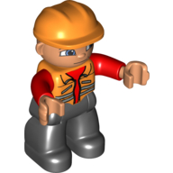 Duplo Figure with Construction Helmet Orange, with Orange Vest over Red Long Sleeve Shirt, Black Legs Orange