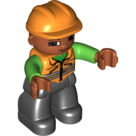 Duplo Figure with Construction Helmet Orange, with Orange Vest over Green Shirt, Medium Nougat Face and Hands, and Black Legs Orange