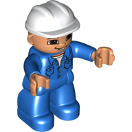 Duplo Figure with Construction Helmet White, and Blue Long Sleeve Jacket, and Legs, Green Eyes and Closed Mouth Blue