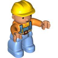 Duplo Figure with Construction Helmet Yellow, with Orange Long Sleeve Jacket, Medium Blue Legs