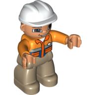 Duplo Figure with Construction Helmet White, and Orange Long Sleeve Jacket, Dark Tan Legs Orange