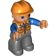 Duplo Figure with Construction Helmet Orange, with Orange Vest over Blue Long Sleeve Shirt, Nougat Face and Hands, and Dark Bluish Gray Legs Orange