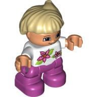 Duplo Figure Child with Side Ponytail, with Magenta Legs, White Top with Two Flowers, White Arms, Tan Hair with Side Ponytail White