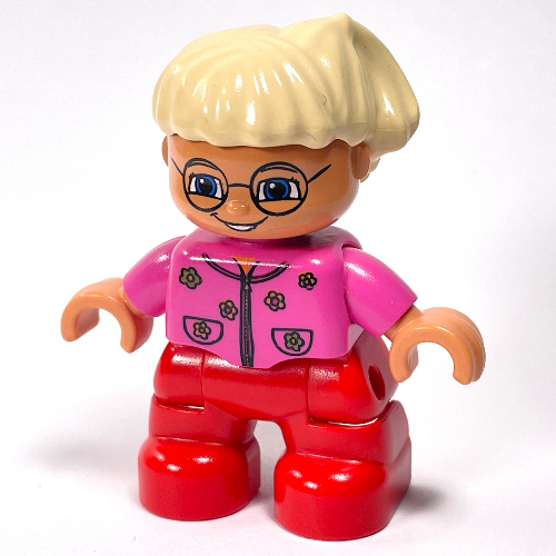 Duplo Figure Child with Side Ponytail, with Red Legs, Dark Pink Top With Flowers, and Glasses Print Dark Pink