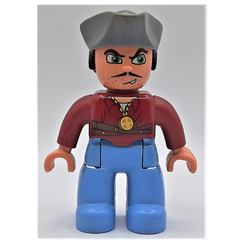 Duplo Figure with Pirate Hat, Medium Blue Legs, Medallion, Moustache Print Dunkelrot