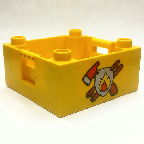 Duplo Container Box, 4 × 4, with Studs on Corners, with Fire Department Logo Print Yellow