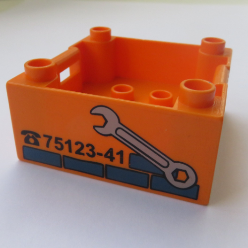 Duplo Container Box 4 × 4 with Studs on Corners with Wrench and Repair Phone Number Print Orange