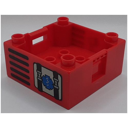Duplo Container Box 4 × 4 with Studs on Corners with Rescue / Staff of Asclepius Print (4681) Red