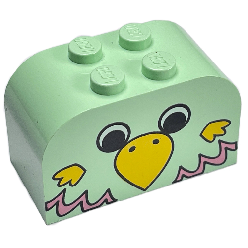 Brick Curved 2 × 4 × 2 Double with Parrot Head, Yellow Beak, Pink Feathers Print Light Green