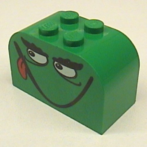 Brick Curved 2 × 4 × 2 Double with Smiling Monster Face with Tongue Print Grün