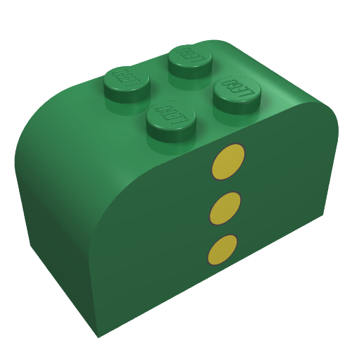 Brick Curved 2 × 4 × 2 Double with 3 Yellow Dots Print Grün