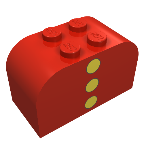 Brick Curved 2 × 4 × 2 Double with 3 Yellow Dots Print Red