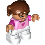 Duplo Figure Child with Pigtails Reddish Brown, with Bright Pink Top with Dark Pink Heart and Sleeves - White Legs Bright Pink
