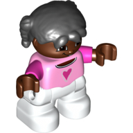 Duplo Figure Child with Pigtails Black, with Bright Pink Top with Dark Pink Heart and Sleeves - Dark Brown Face and Hands - White Legs Leuchtrosa